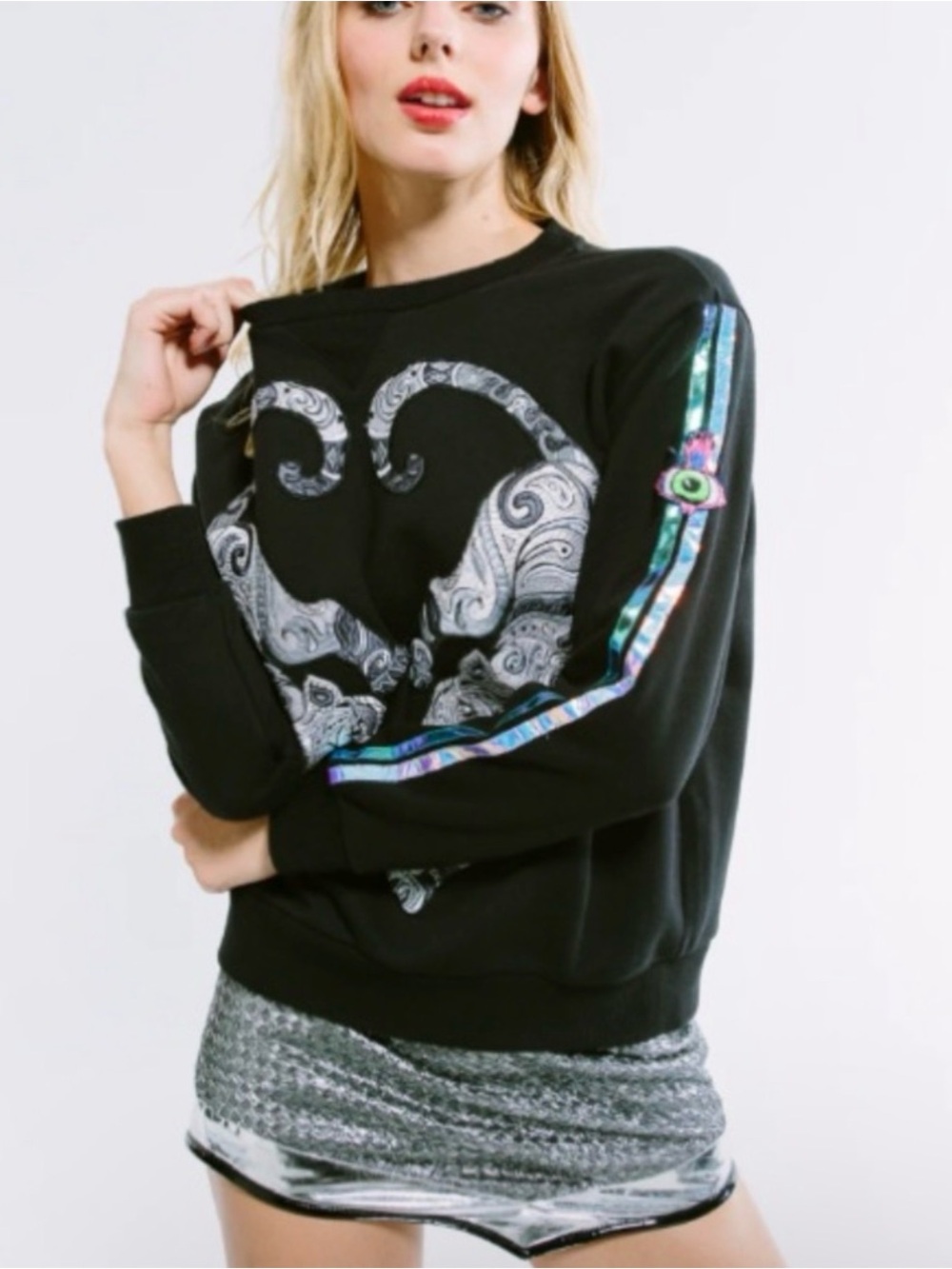 Custo Barcelona Bas Black & Silver Tiger Sweatshirt Pullover Small S
